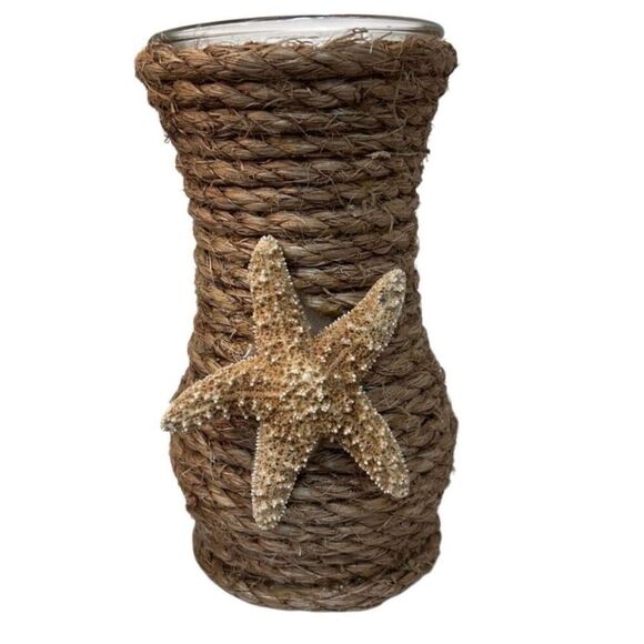 Vintage Handcrafted Jute Rope Wrapped Glass Vase With Starfish 8" Tan Artisan - Picture 2 of 10
